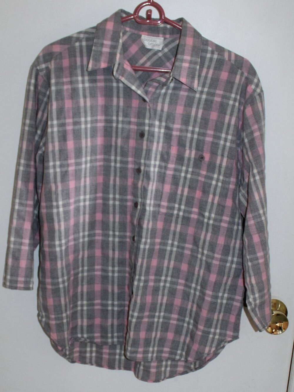 Vintage Bobbie Brooks pink and grey plaid long-sleeve button-down shirt.